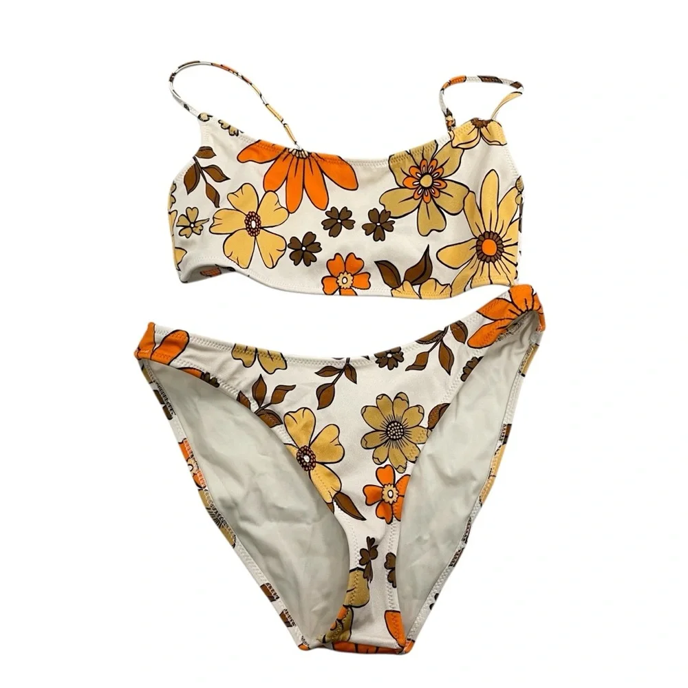 Triangl Swimwear Yellow Brown Retro Style Floral Print Bikini Size Medium